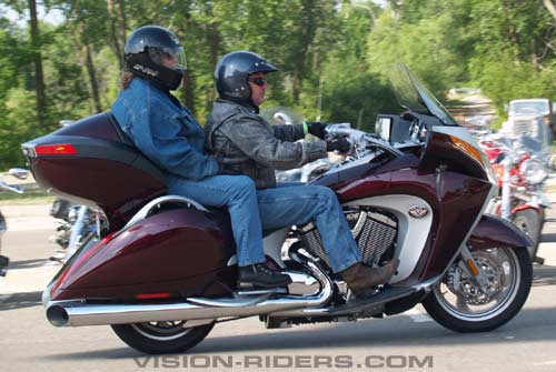 A couple on a Victory Vision Tour complete the first-ever public demo rides on the new Victory luxury-touring models.